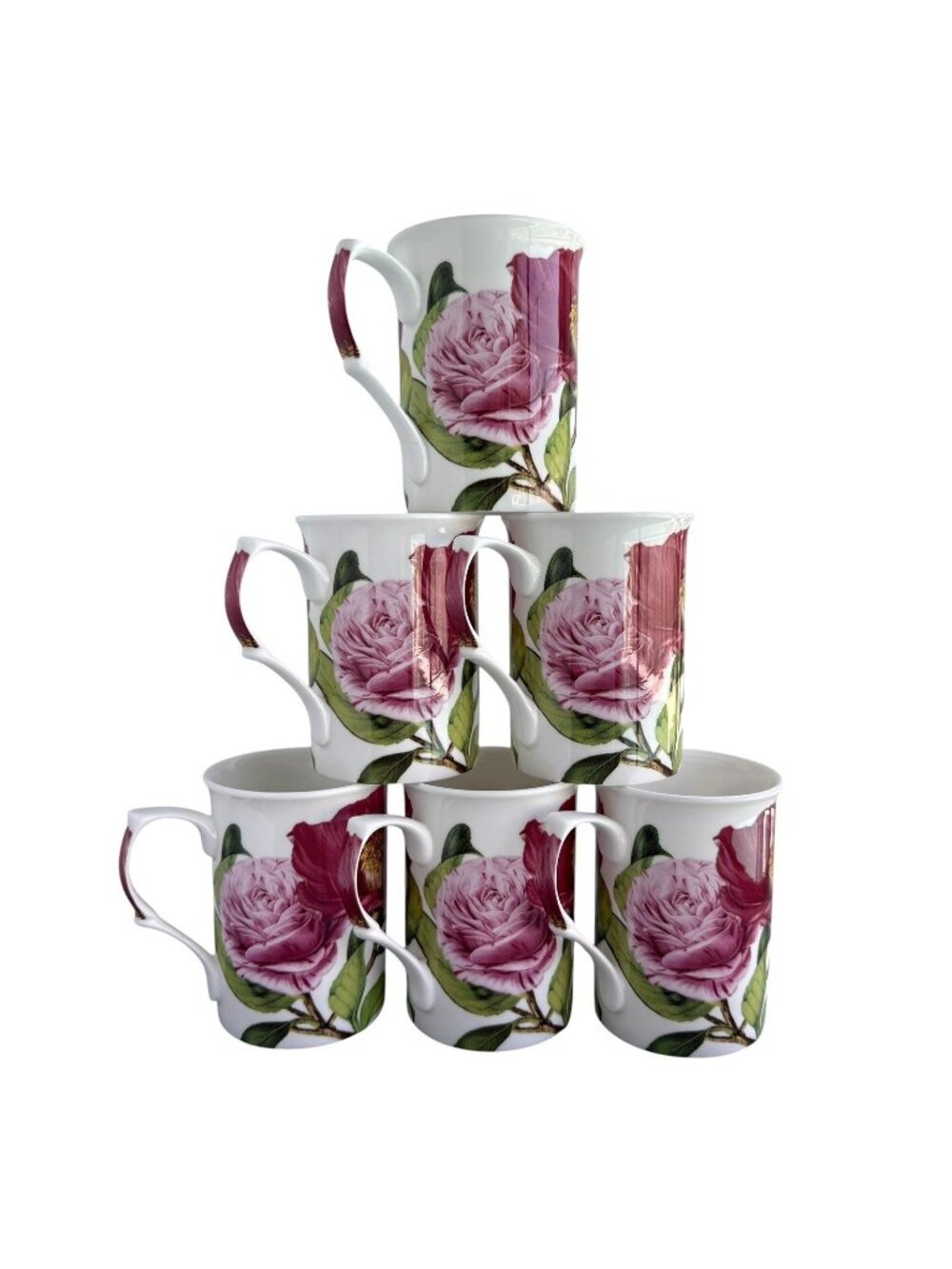 Stechcol Gracie Bone China Coffee Tea Cups Florals Roses Hibiscus Set Of 6 NEW